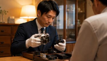 自宅でカメラ査定を受けながら複数のレンズとフィルムカメラを確認している日本人の様子