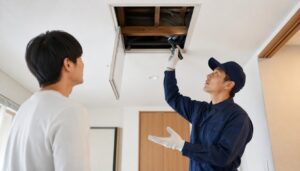 天井裏の害獣被害を調査しながら住人へ説明している日本人作業員の様子