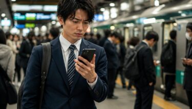 駅構内でスマートフォンの通信状況を確認している日本人利用者の様子