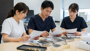 歯科金属買取サービスの査定内容を確認する歯科医院スタッフ