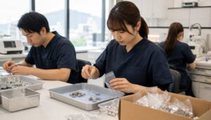 歯科スクラップを宅配買取へ発送準備する技工所スタッフ