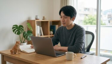 デスクでdigxipopのコスパ比較を調べる男性と犬のフィギュアのイメージ