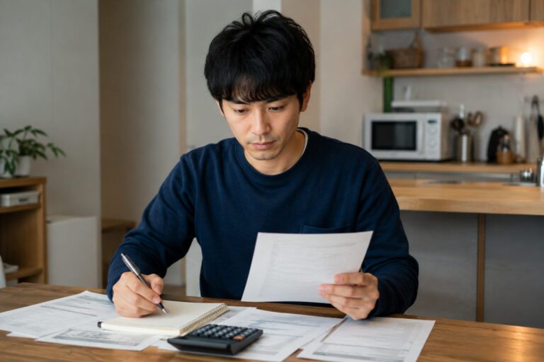 自宅のテーブルで書類と電卓を使って計算する男性